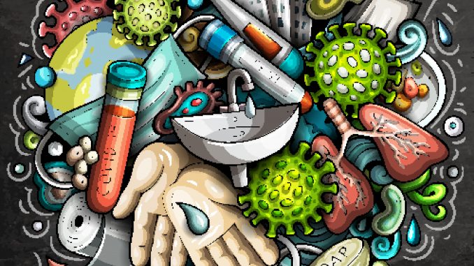 Coronavirus hand drawn cartoon doodles illustration. Colorful composition